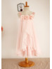 Blush Pink Chiffon Knee Length Flower Girl Dress With Handmade Flowers